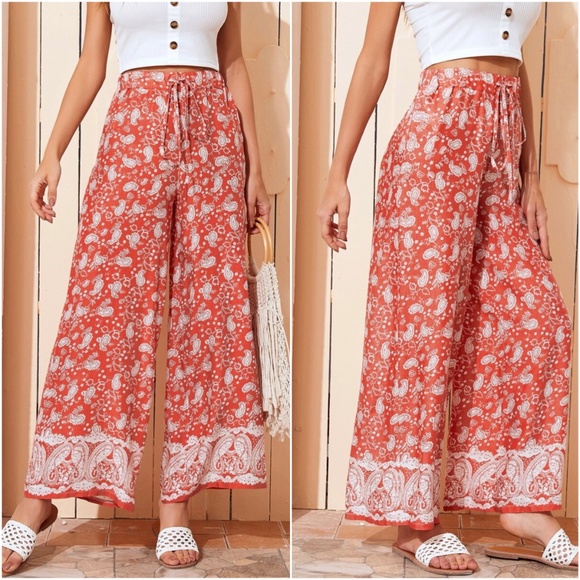 Pants - boho orange paisley print palazzo wide leg pants